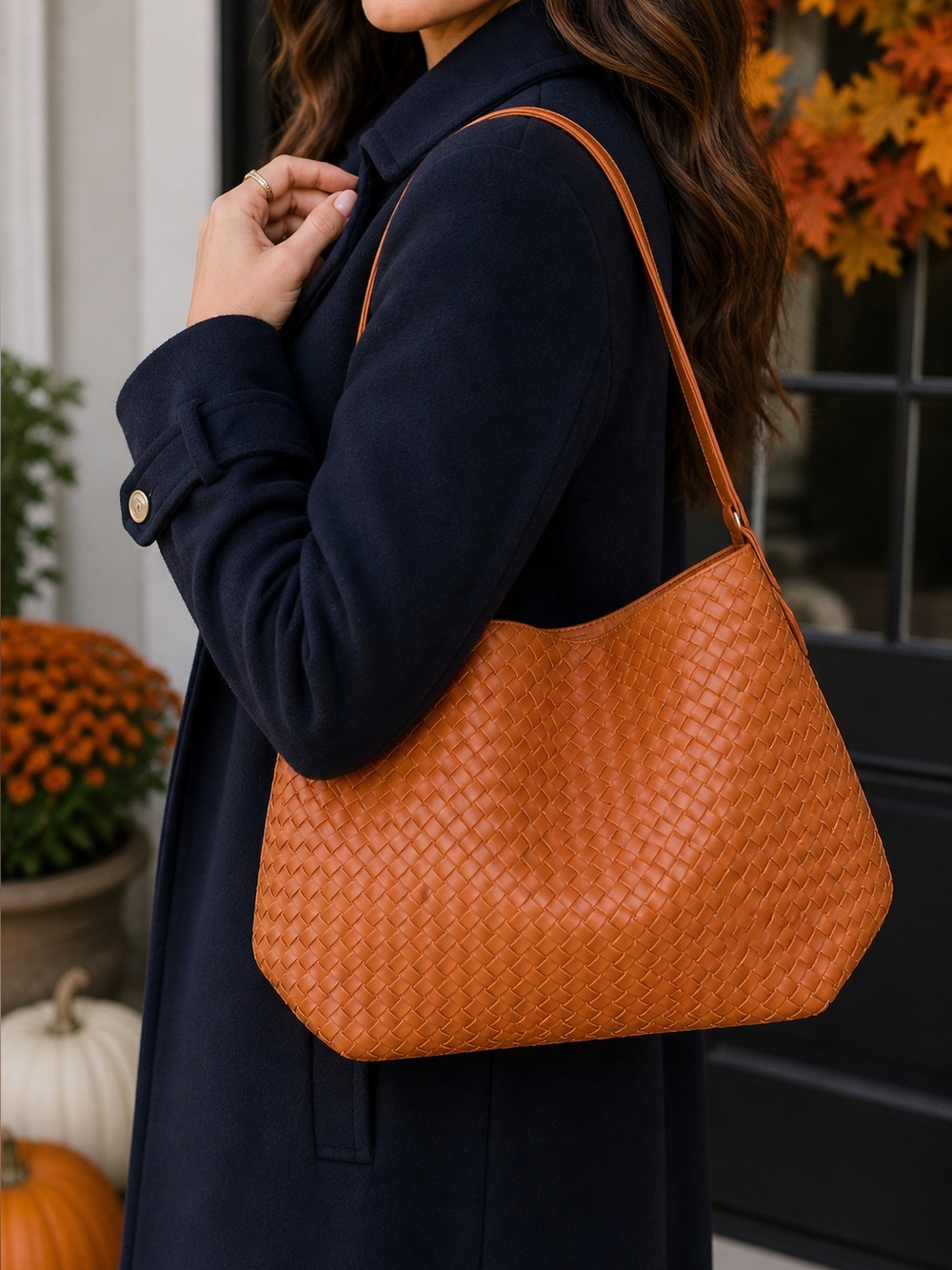 Camel Vegan Leather Woven Women's Shoulder Bag